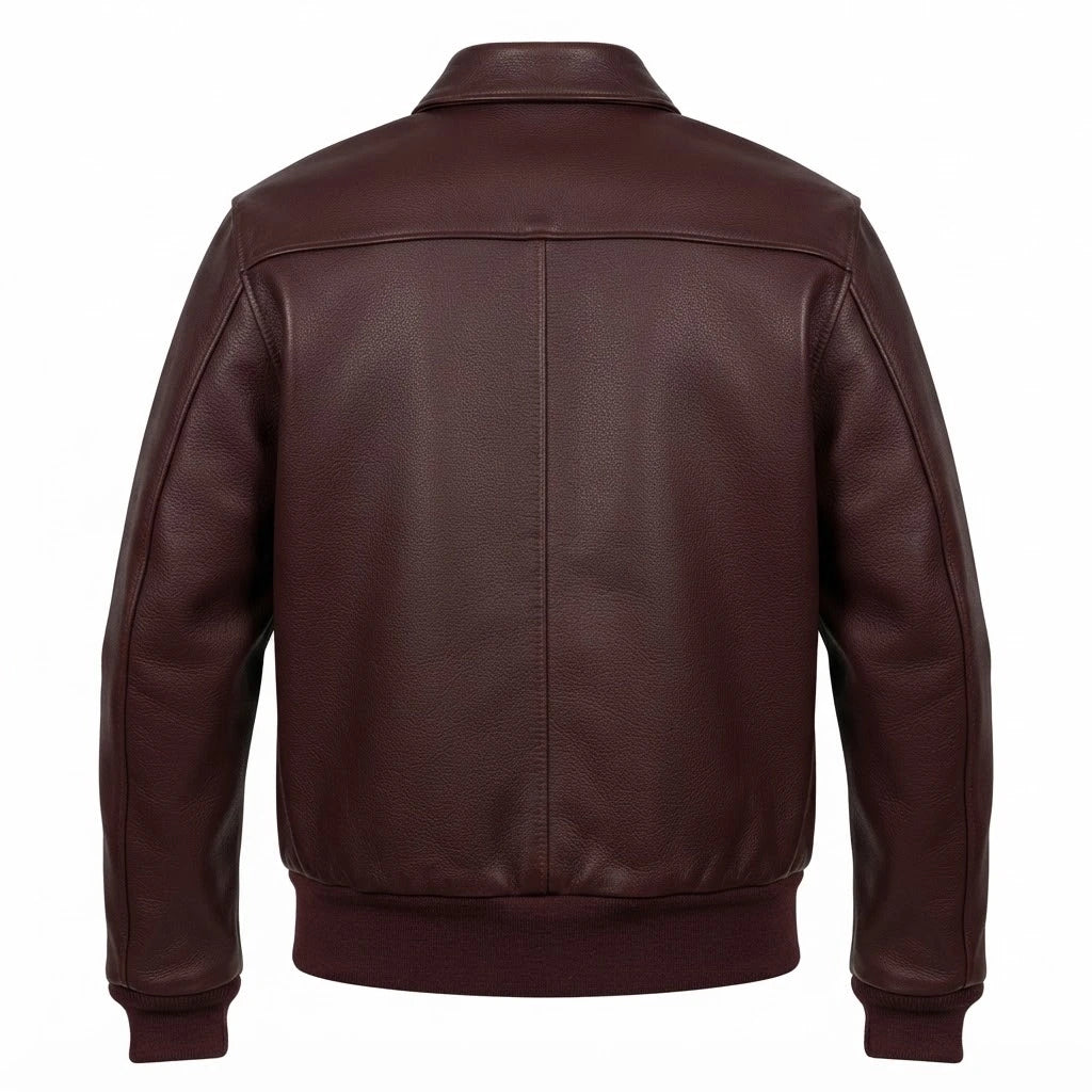 Air Force A-2 RAAF Flight Leather Jacket front view featuring genuine dark brown leather, shirt collar, snap epaulets, dual patch pockets, and ribbed trim