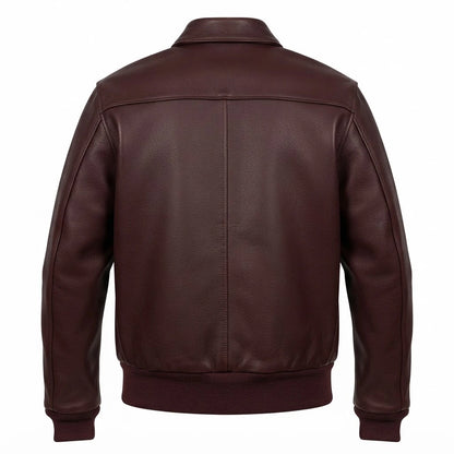 Air Force A-2 RAAF Flight Leather Jacket front view featuring genuine dark brown leather, shirt collar, snap epaulets, dual patch pockets, and ribbed trim