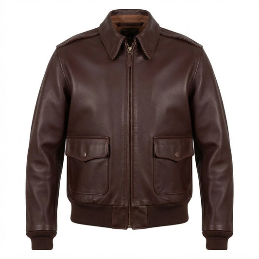 Air Force A-2 RAAF Flight Leather Jacket front view featuring dark brown genuine leather, snap collar, and patch pockets