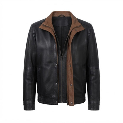 Alfred Black Leather Bomber Jacket front view featuring genuine black leather, contrasting brown inner collar, dual zip and snap closure, and ribbed hem