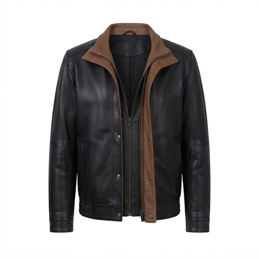 Alfred Black Leather Bomber Jacket front view featuring genuine black leather, contrasting brown inner collar, dual zip and snap closure, and ribbed hem