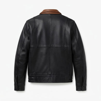 Alfred Black Leather Bomber Jacket front view featuring genuine black leather, contrasting brown inner collar, dual zip and snap closure, and ribbed hem