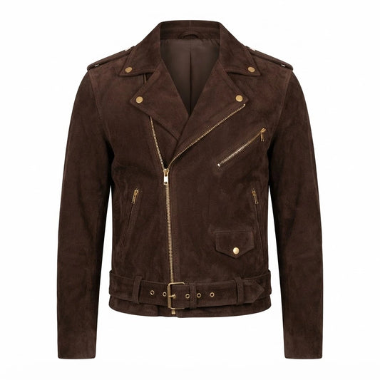 Allaric Alley Mocha Suede Biker Jacket front view featuring genuine mocha brown suede, asymmetric zip, lapel collar, and buckled waist belt   