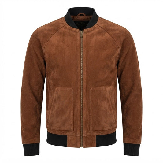 Aloha Premiere Bradley Cooper Brown Suede Bomber front view featuring cognac brown genuine suede, patch pockets, and dark ribbed trim