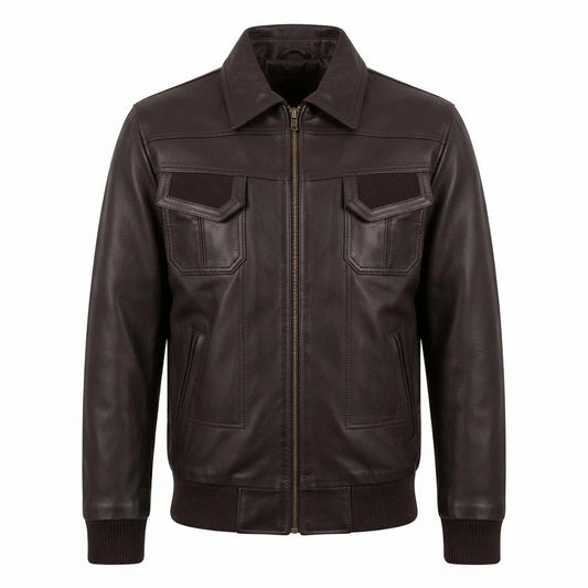 American Bomber Premium Leather Jacket for Men front view featuring dark brown genuine leather, shirt collar, and utility flap pockets