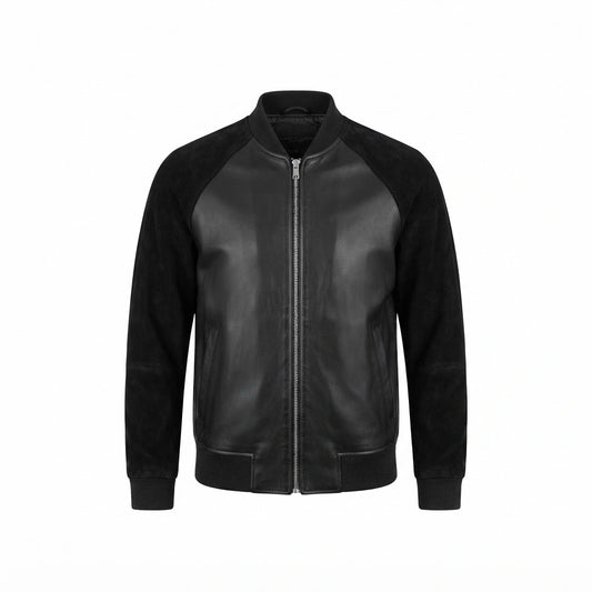 Andrew Garfield Black Leather & Suede Jacket front view featuring sleek black genuine leather and suede paneling, baseball collar, and metal zip