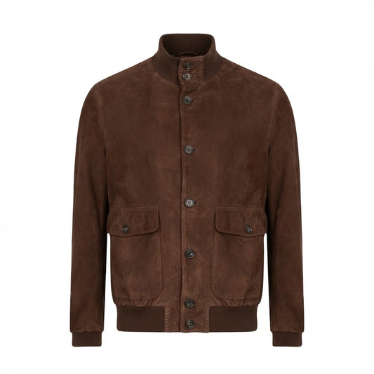 Antigua Chocolate Suede Bomber Leather Jacket front view featuring genuine chocolate brown suede, button-front closure, stand collar, and dual flap pockets