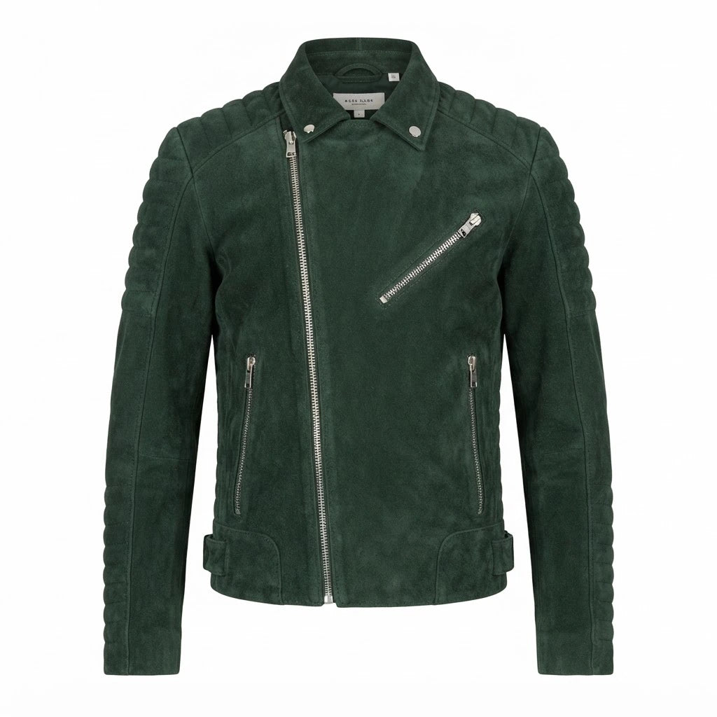 Armand Green Suede Biker Jacket front view featuring genuine green suede, quilted shoulders, asymmetrical zipper, and zippered pockets