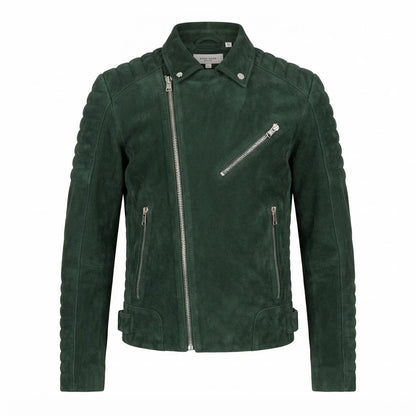 Armand Green Suede Biker Jacket front view featuring genuine green suede, quilted shoulders, asymmetrical zipper, and zippered pockets