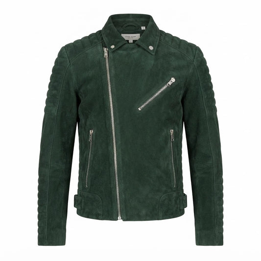 Armand Green Suede Biker Jacket front view featuring genuine green suede, quilted shoulders, asymmetrical zipper, and zippered pockets