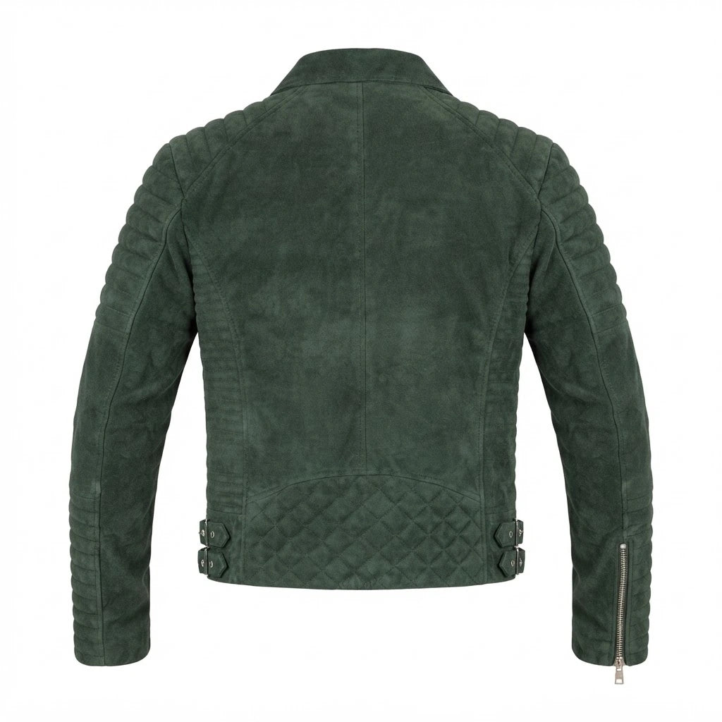 Armand Green Suede Biker Jacket front view featuring genuine green suede, quilted shoulders, asymmetrical zipper, and zippered pockets