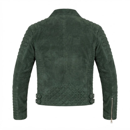 Armand Green Suede Biker Jacket front view featuring genuine green suede, quilted shoulders, asymmetrical zipper, and zippered pockets