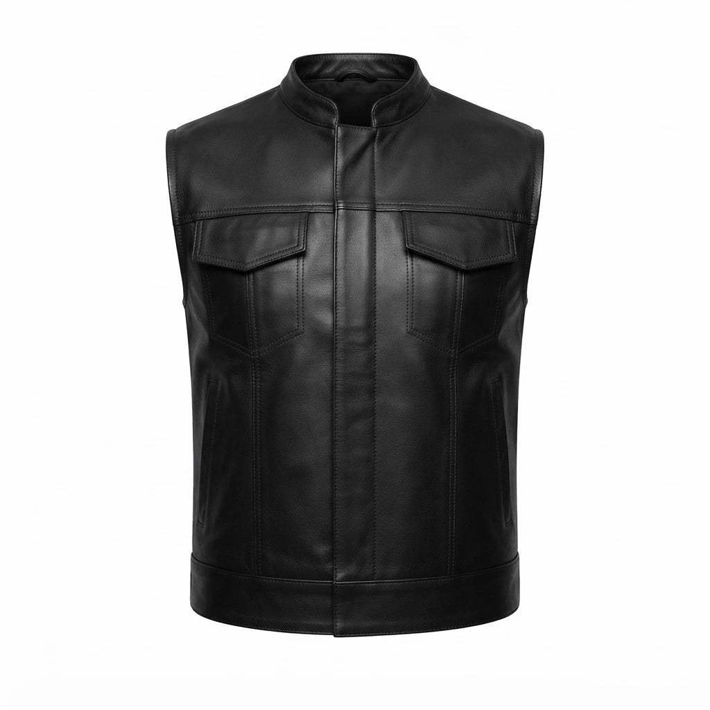 Atlas Moto Black Leather Vest front view featuring rich black genuine leather, stand collar, and dual chest pockets