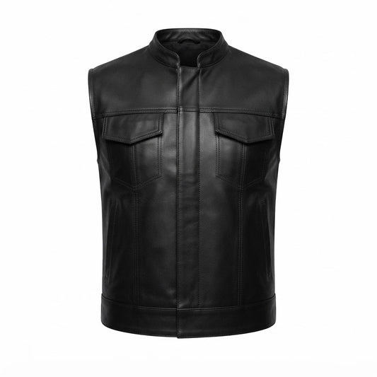 Atlas Moto Black Leather Vest front view featuring rich black genuine leather, stand collar, and dual chest pockets