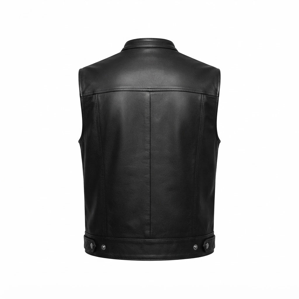 Atlas Moto Black Leather Vest front view featuring rich black genuine leather, stand collar, and dual chest pockets