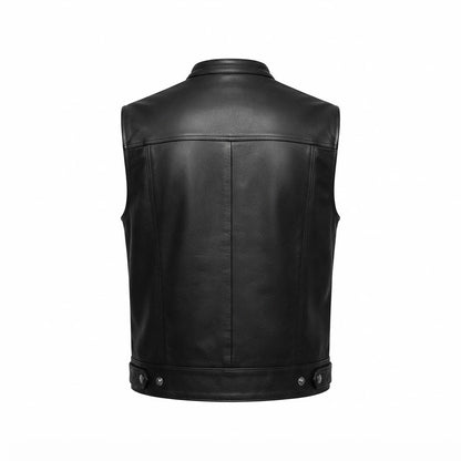 Atlas Moto Black Leather Vest front view featuring rich black genuine leather, stand collar, and dual chest pockets