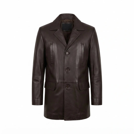 Audacious Max Payne Premium Leather Jacket front view featuring dark brown genuine leather, notched lapels, and button closure