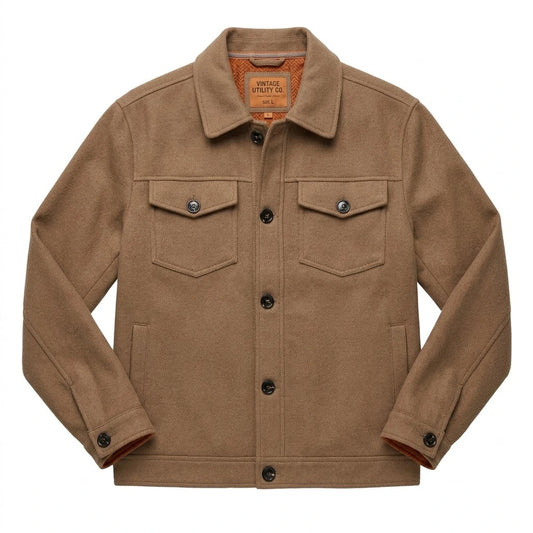 Austin Casual Brown Trucker Jacket front view featuring textured wool-blend fabric, button-front placket, twin chest pockets, and shirt collar