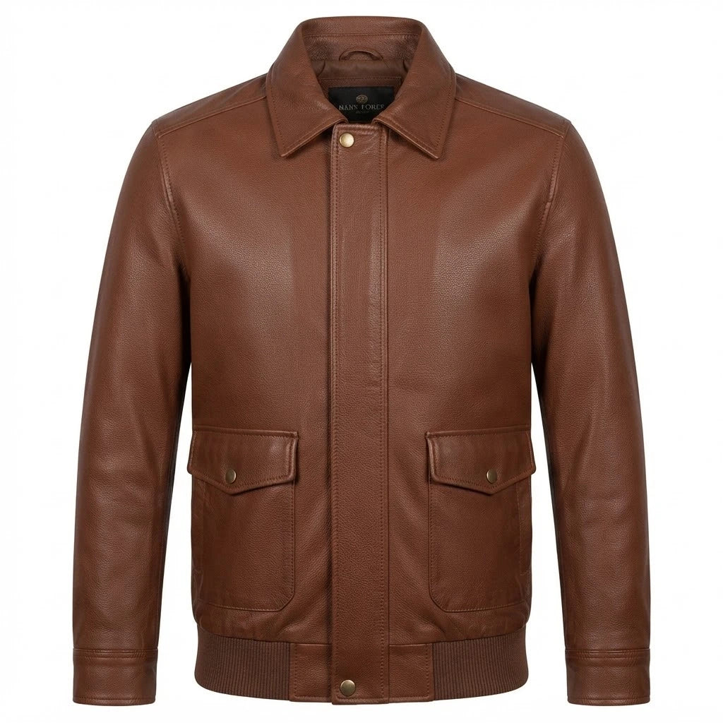 Aviator Bomber Premium Leather Jacket front view featuring genuine brown leather, shirt collar, snap-flap placket, dual patch pockets, and ribbed trim 