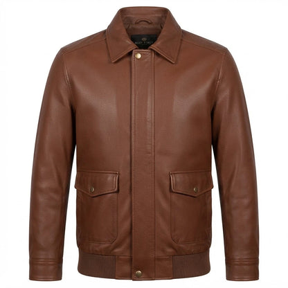 Aviator Bomber Premium Leather Jacket front view featuring genuine brown leather, shirt collar, snap-flap placket, dual patch pockets, and ribbed trim 
