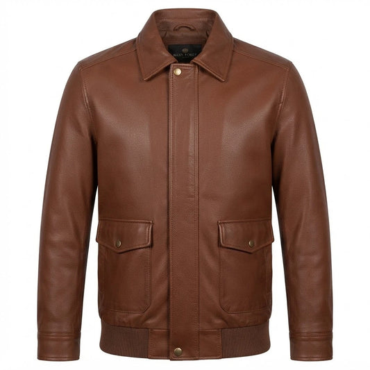 Aviator Bomber Premium Leather Jacket front view featuring genuine brown leather, shirt collar, snap-flap placket, dual patch pockets, and ribbed trim 