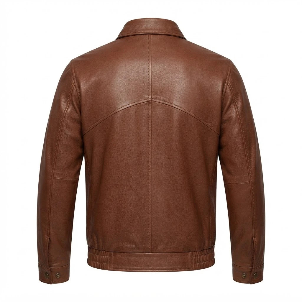 Aviator Bomber Premium Leather Jacket front view featuring genuine brown leather, shirt collar, snap-flap placket, dual patch pockets, and ribbed trim 