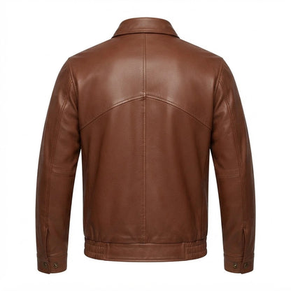 Aviator Bomber Premium Leather Jacket front view featuring genuine brown leather, shirt collar, snap-flap placket, dual patch pockets, and ribbed trim 
