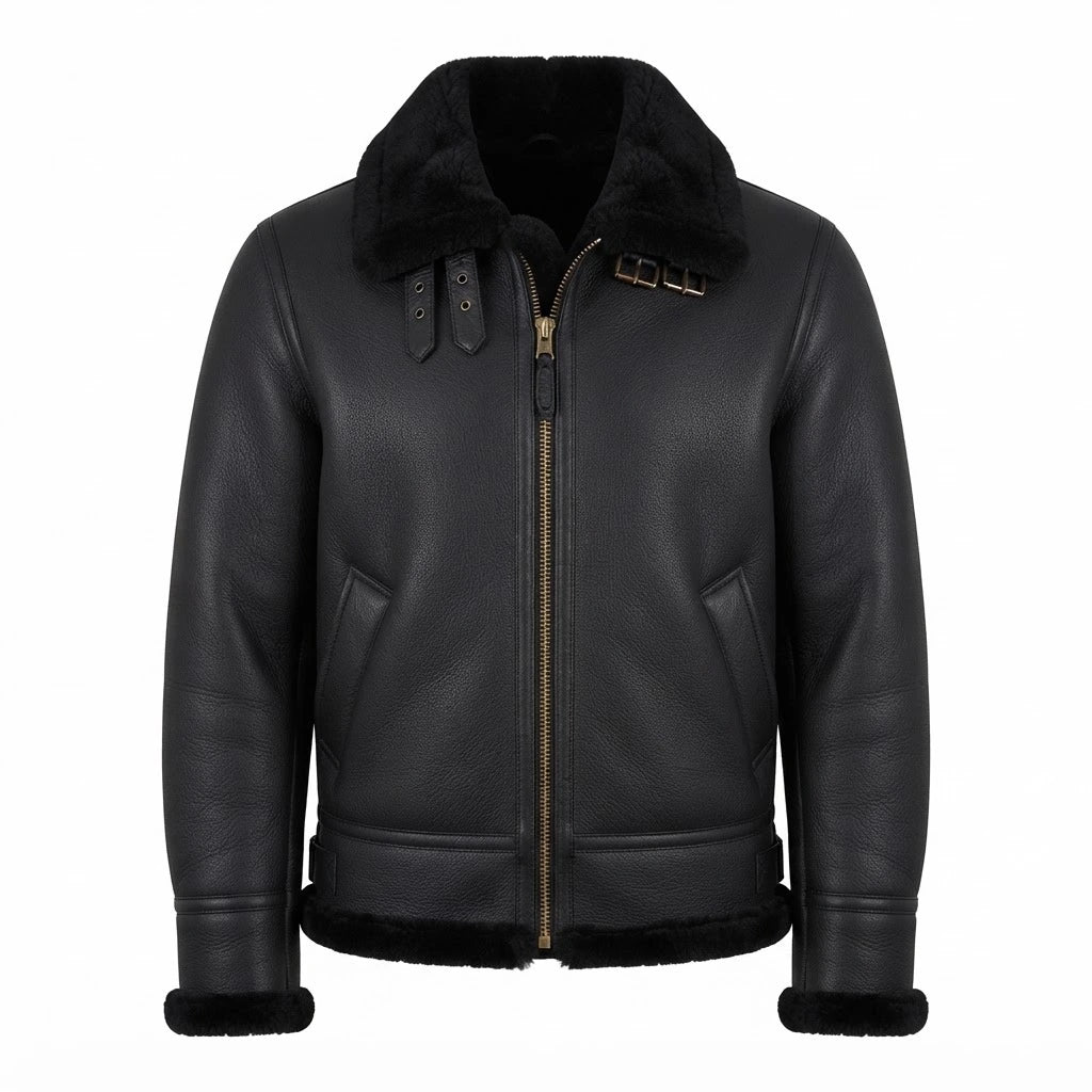 Aviator Shearling Men’s Sheepskin B3 Bomber Jacket front view featuring genuine black leather, plush black shearling collar, metal zipper, and waist buckle straps   