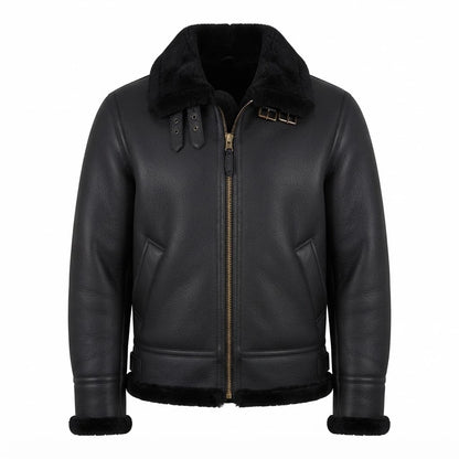 Aviator Shearling Men’s Sheepskin B3 Bomber Jacket front view featuring genuine black leather, plush black shearling collar, metal zipper, and waist buckle straps   