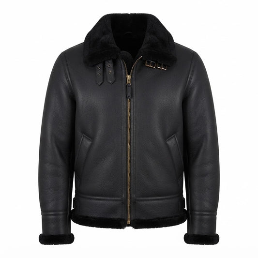 Aviator Shearling Men’s Sheepskin B3 Bomber Jacket front view featuring genuine black leather, plush black shearling collar, metal zipper, and waist buckle straps   