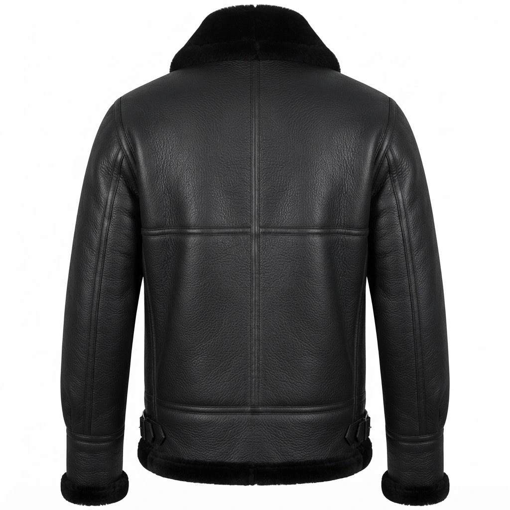 Aviator Shearling Men’s Sheepskin B3 Bomber Jacket front view featuring genuine black leather, plush black shearling collar, metal zipper, and waist buckle straps   