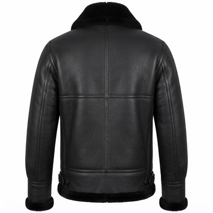 Aviator Shearling Men’s Sheepskin B3 Bomber Jacket front view featuring genuine black leather, plush black shearling collar, metal zipper, and waist buckle straps   