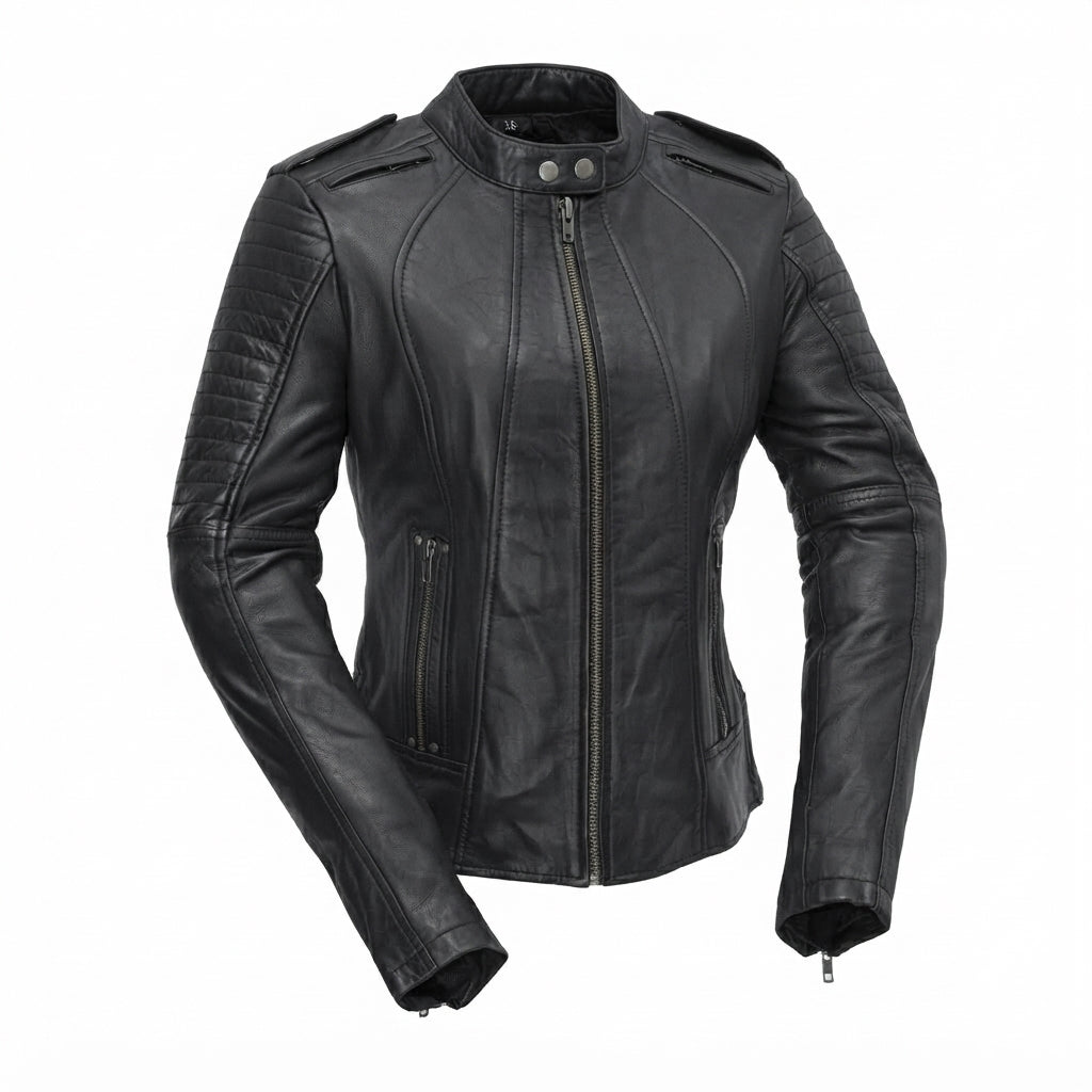 Biker women's motorcycle leather jacket front view showing mandarin snap collar, quilted sleeves, and black leather finish.