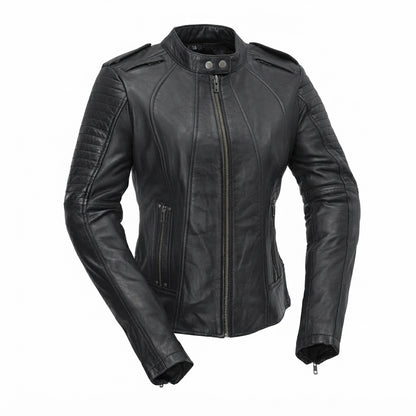 Biker women's motorcycle leather jacket front view showing mandarin snap collar, quilted sleeves, and black leather finish.