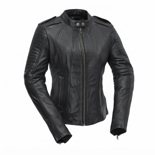 Biker women's motorcycle leather jacket front view showing mandarin snap collar, quilted sleeves, and black leather finish.