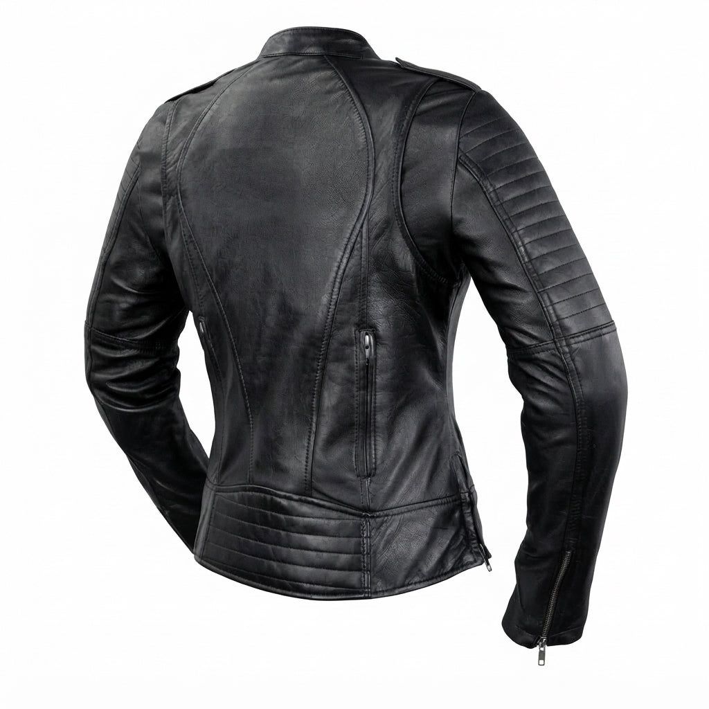 Biker women's motorcycle leather jacket front view showing mandarin snap collar, quilted sleeves, and black leather finish.