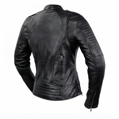 Biker women's motorcycle leather jacket front view showing mandarin snap collar, quilted sleeves, and black leather finish.