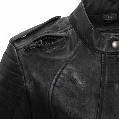Biker women's motorcycle leather jacket front view showing mandarin snap collar, quilted sleeves, and black leather finish.