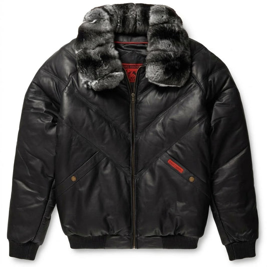 Black Leather V Bomber Jacket with grey fur collar