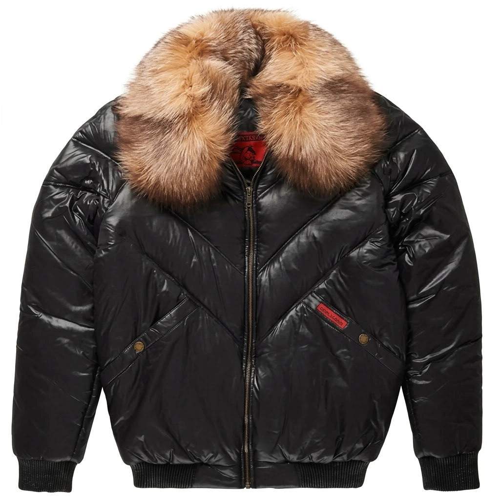 Black Nylon V Bomber Jacket with tan brown fur collar 