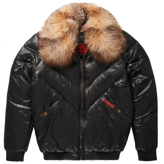 Black Nylon V Bomber Jacket with tan fur collar front view