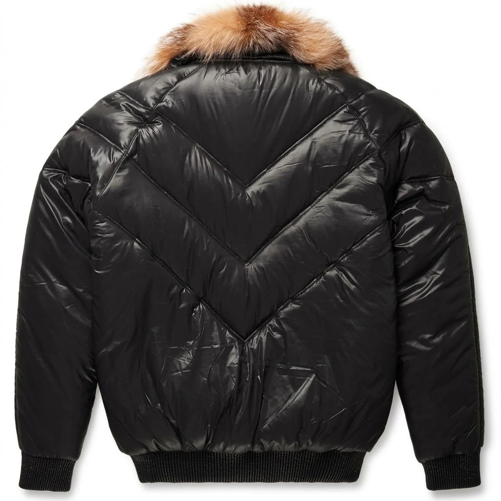 Black Nylon V Bomber Jacket with tan brown fur collar 