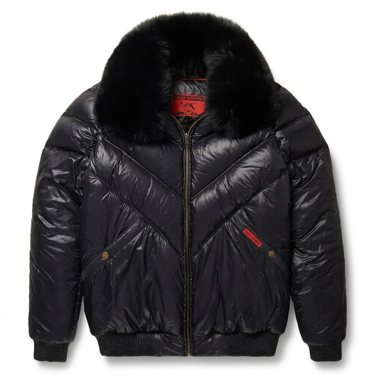 Black Nylon V Bomber Leather Jacket with black fur collar 