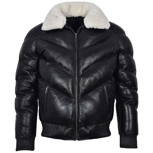 Black V Bomber Puffer Leather Jacket with white fur collar 