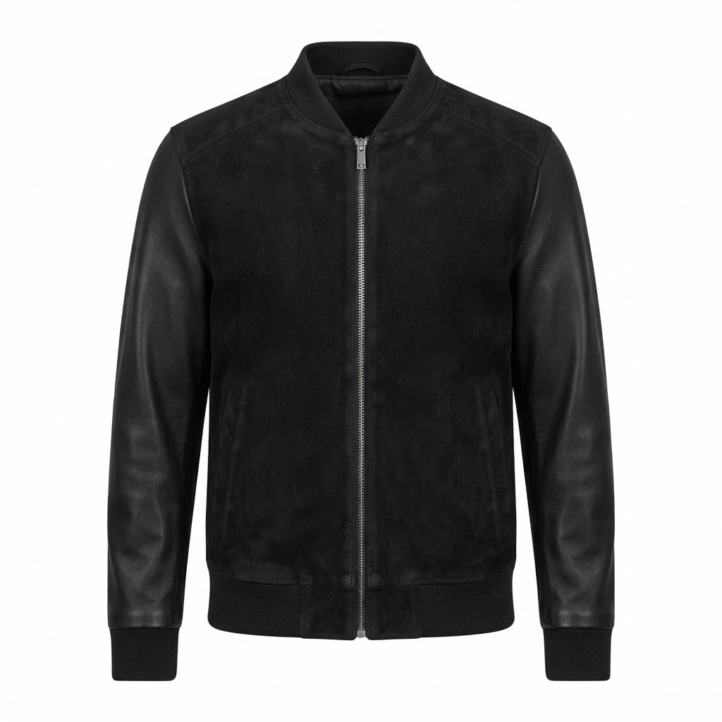 Blain Black Hybrid Bomber Jacket front view featuring genuine black suede body, smooth leather sleeves, full zipper, and ribbed trim   