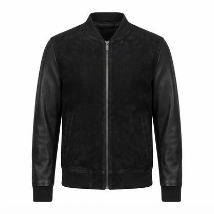 Blain Black Hybrid Bomber Jacket front view featuring genuine black suede body, smooth leather sleeves, full zipper, and ribbed trim   