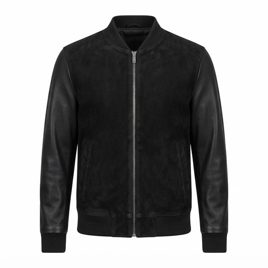 Blain Black Hybrid Bomber Jacket front view featuring genuine black suede body, smooth leather sleeves, full zipper, and ribbed trim   