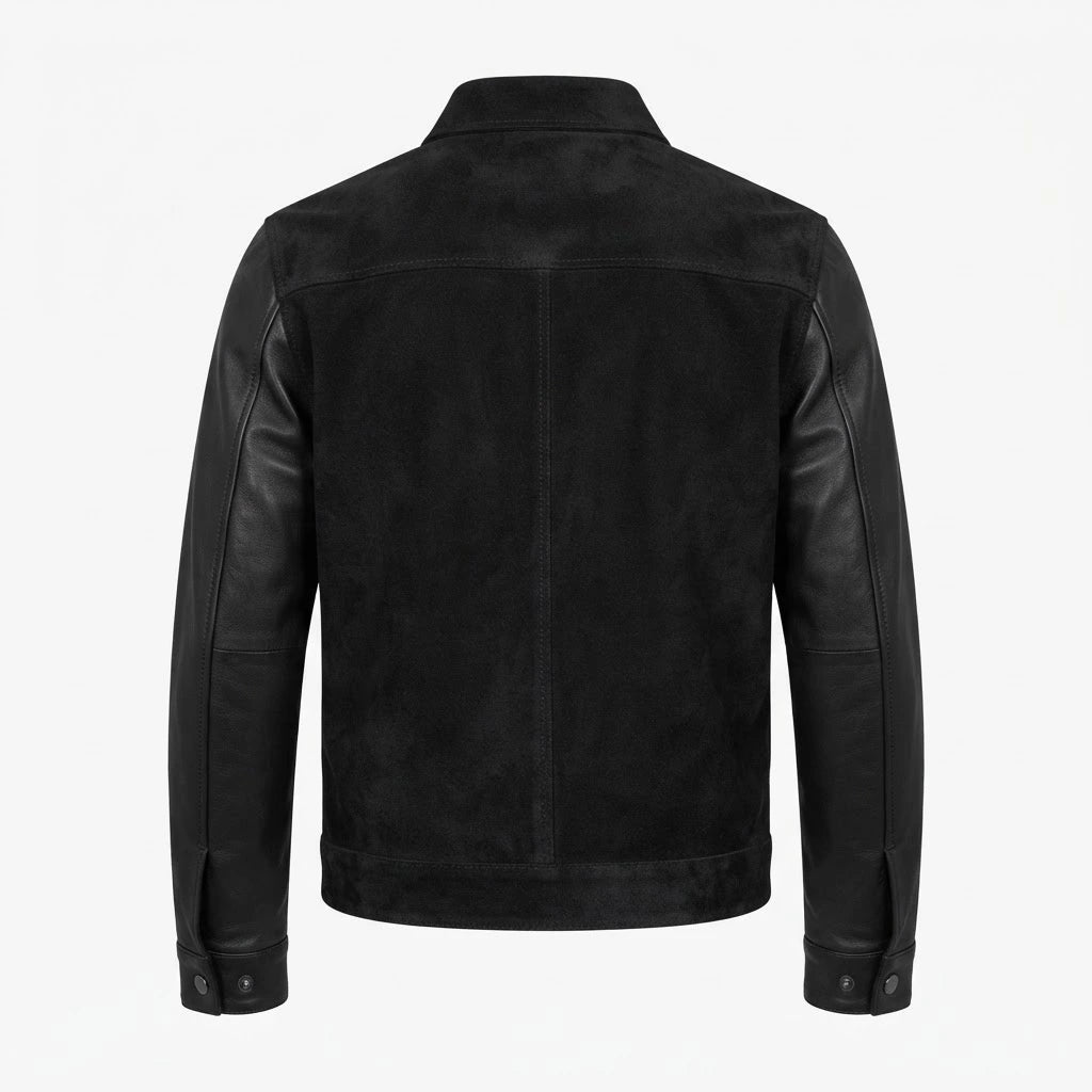 Blain Black Hybrid Bomber Jacket front view featuring genuine black suede body, smooth leather sleeves, full zipper, and ribbed trim   
