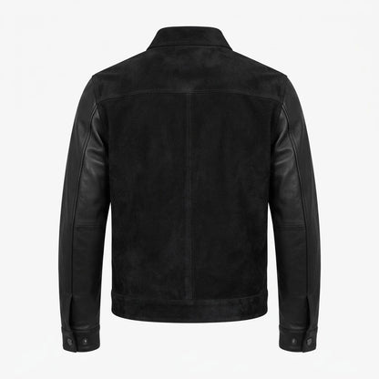 Blain Black Hybrid Bomber Jacket front view featuring genuine black suede body, smooth leather sleeves, full zipper, and ribbed trim   