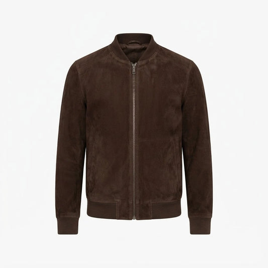 Blain Men’s Mocha Suede Bomber Jacket front view featuring genuine mocha suede, stand collar, full metal zipper, and ribbed hem   
